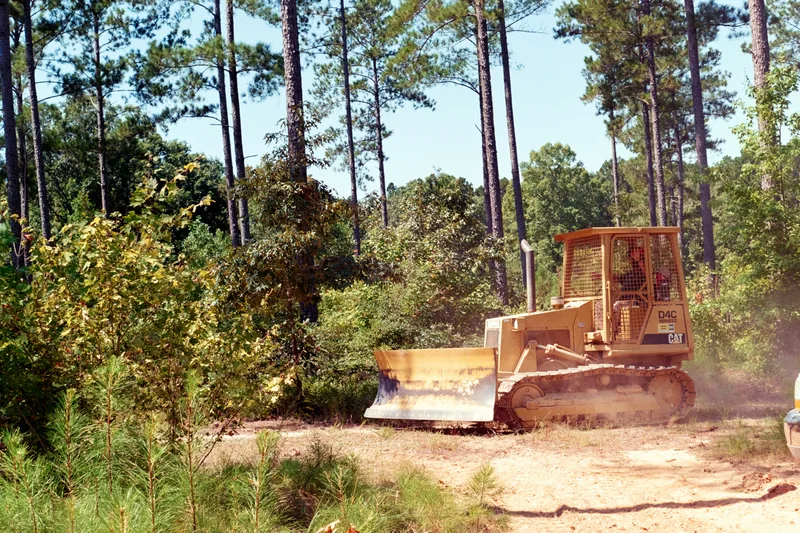 CAT bulldozer clearing trees and brush through a pine forest in Ontario — active land clearing operation